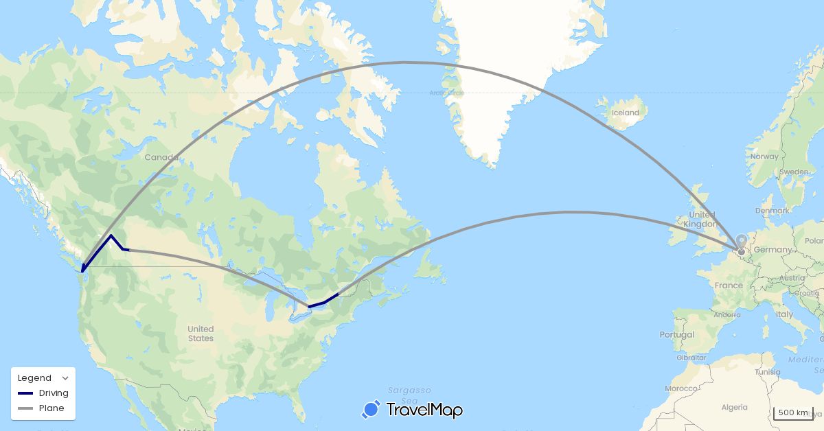 TravelMap itinerary: driving, plane in Belgium, Canada, Iceland (Europe, North America)